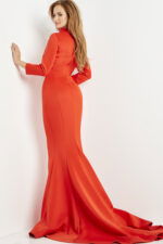 Model wearing Jovani 06614 orange gown with mermaid silhouette, back view