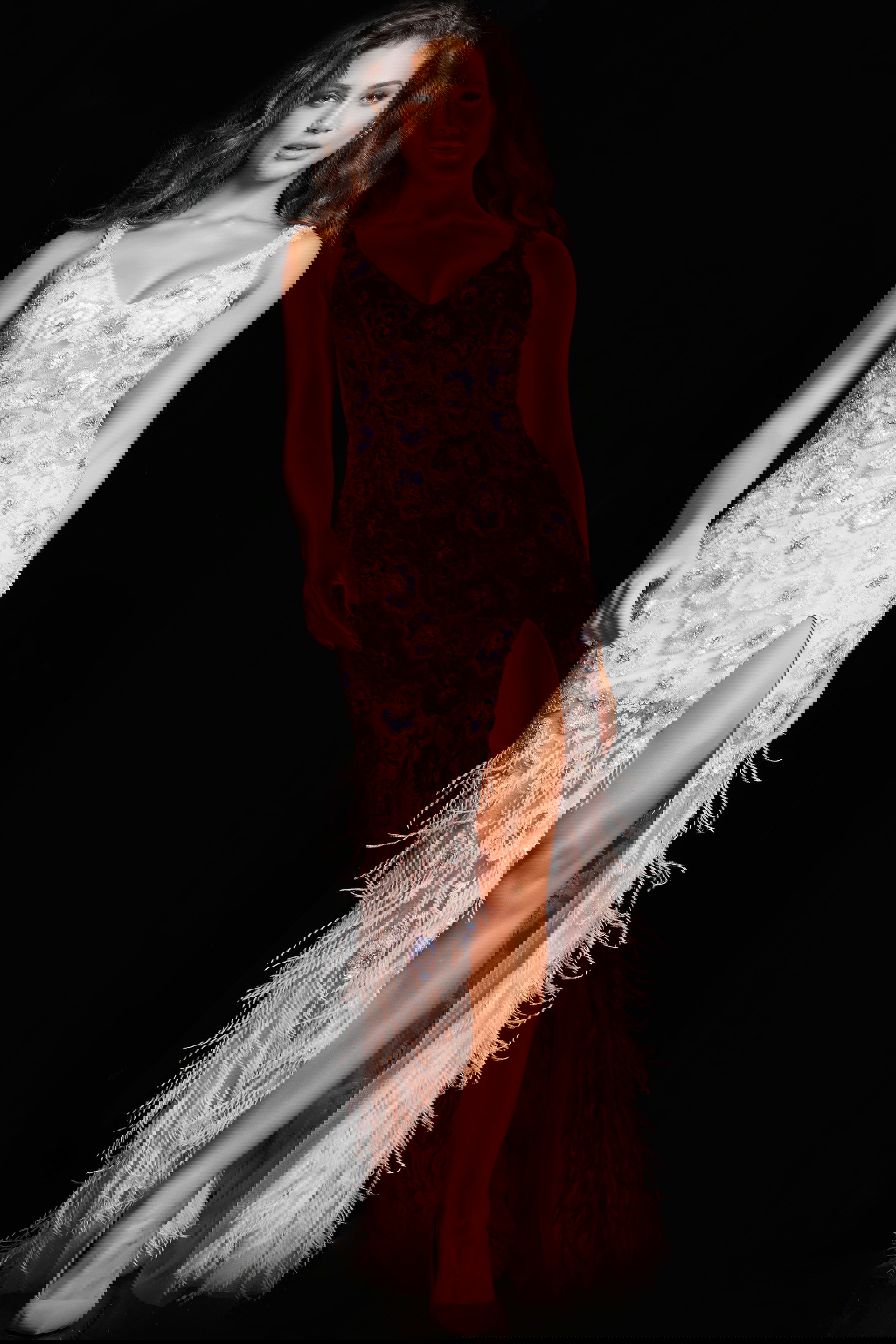 06622_LIGHTPINK_3.jpg model wearing Jovani 06622 light pink gown with V-neck and high slit