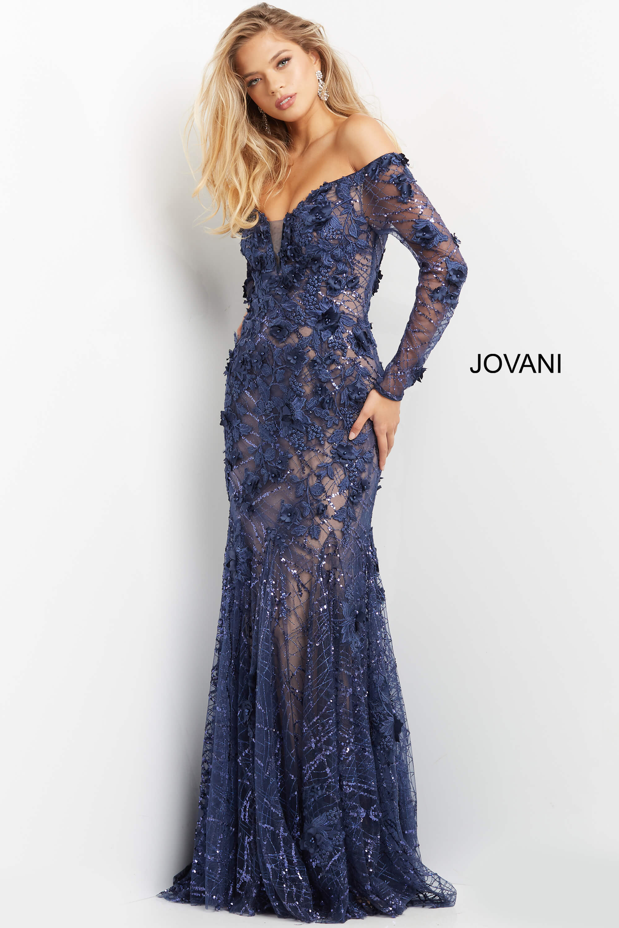 06635-Navy-201.jpg model wearing Jovani 06635 navy dress, front view