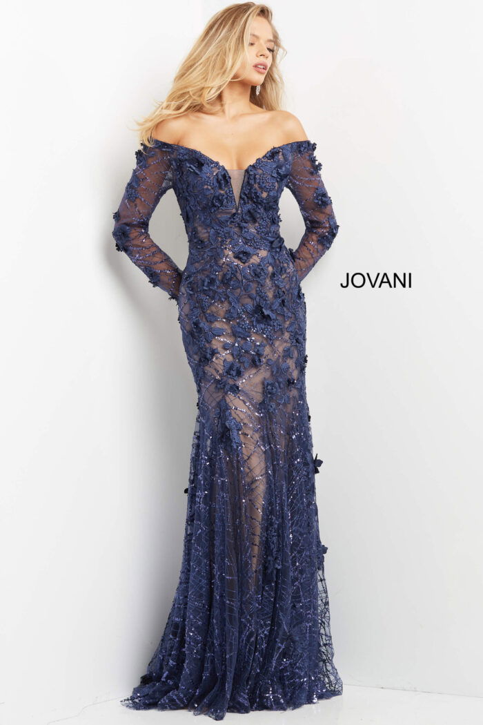 model wearing Jovani 06635 navy dress, front view
