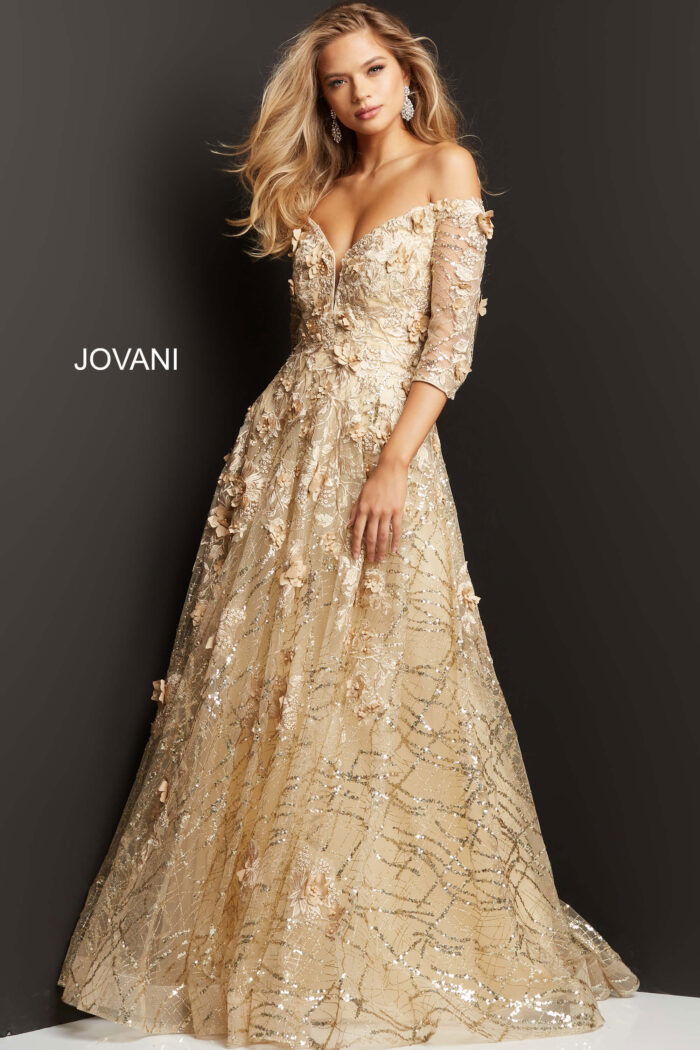 Model wearing Jovani 06636 beige dress, front view, off-the-shoulder, floral and sequin accents.