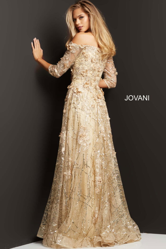 Model wearing Jovani 06636 beige dress, back view, off-the-shoulder, floral and sequin accents.