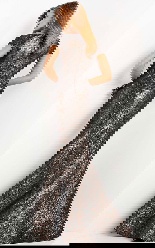 Back view of Jovani 06707 showing the elegant design and fit of the bronze mermaid gown.