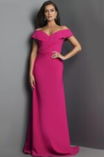 Model wearing Jovani 06746 fuchsia gown with elegant full-length design, front view.