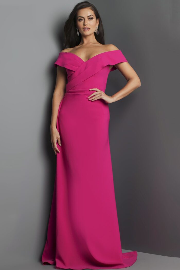 Model wearing Jovani 06746 fuchsia gown with elegant full-length design, front view.