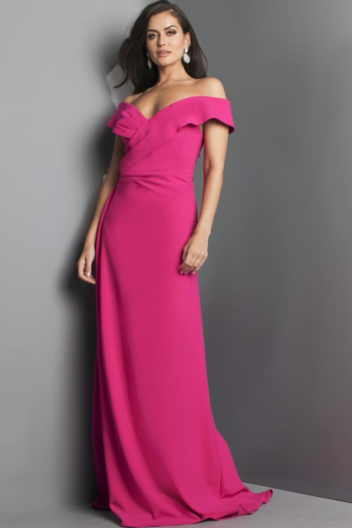 Model wearing Jovani 06746 fuchsia gown with classic silhouette, front view.