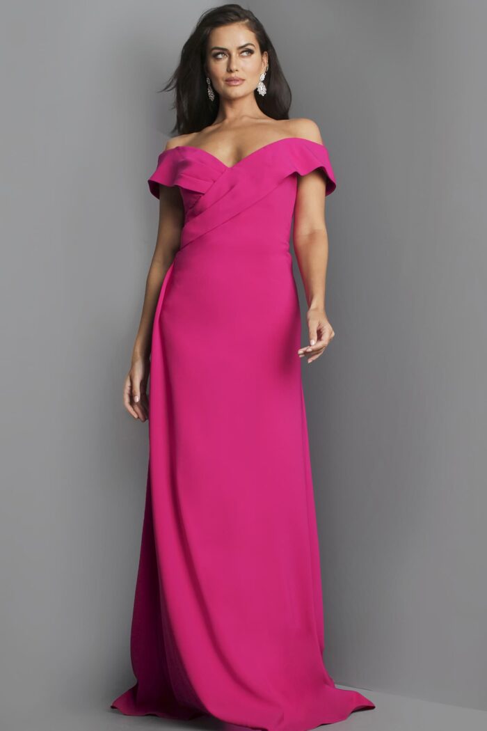 Model wearing Jovani 06746 fuchsia gown with off-the-shoulder neckline, front view.