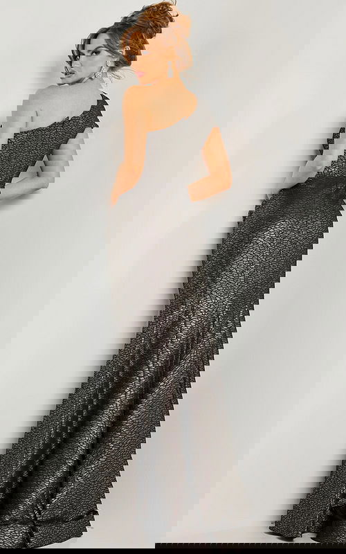 Model wearing Jovani 06751 coffee gown, back view