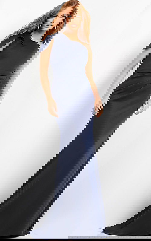 model wearing Jovani 06753 navy gown with mermaid silhouette and one-shoulder neckline