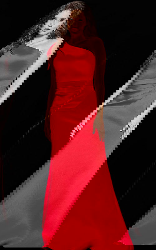 Model wearing Jovani 06753 red one-shoulder mermaid gown, front view.