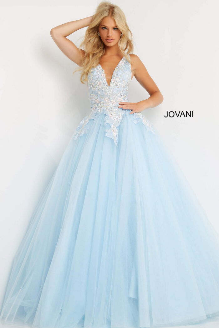 Model wearing Jovani 06808, a light blue gown with deep V-neck neckline.