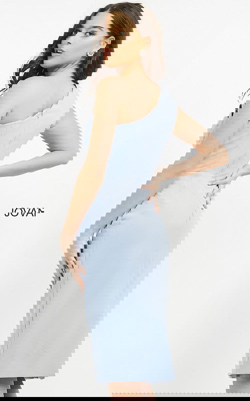 Back view of model wearing Jovani 06835 light blue dress