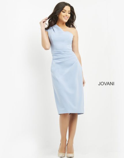 Model in Jovani 06835 light blue dress, side-front view