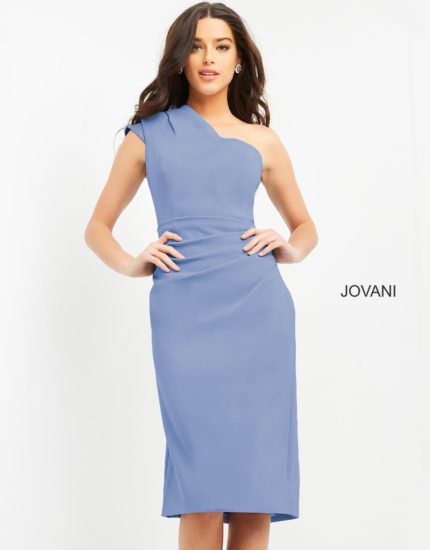 Model wearing Jovani 06835 dress with asymmetrical neckline in blue, front view