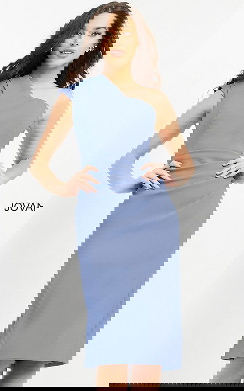 Model wearing Jovani 06835 dress with asymmetrical neckline in blue, front view