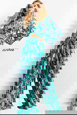 model wearing Jovani 06844, 07202 Print dress with V-neck and long sleeves