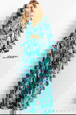 model wearing Jovani 06844, 07202 Print dress with V-neck and long sleeves front view