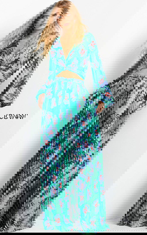 model wearing Jovani 06844, 07202 Print dress with V-neck and long sleeves front view