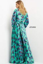 Back view of Jovani 06844 showcasing wrap tie detail and long pleated skirt.
