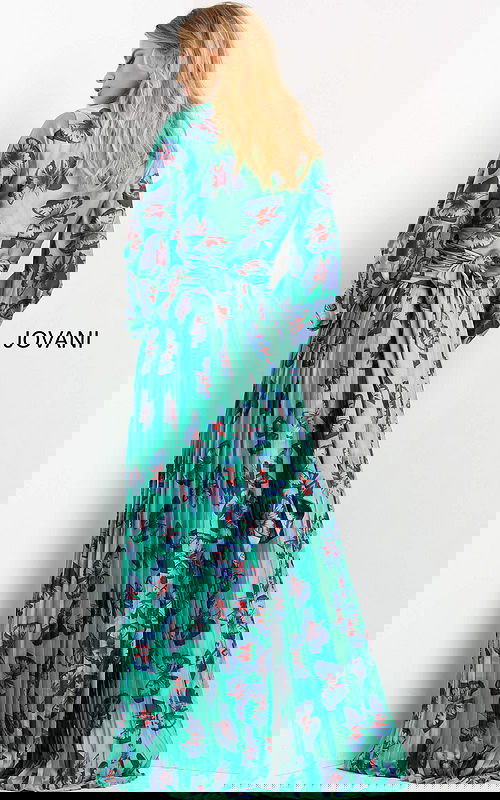 model wearing Jovani 06844, 07202 Print dress with V-neck and long sleeves front view