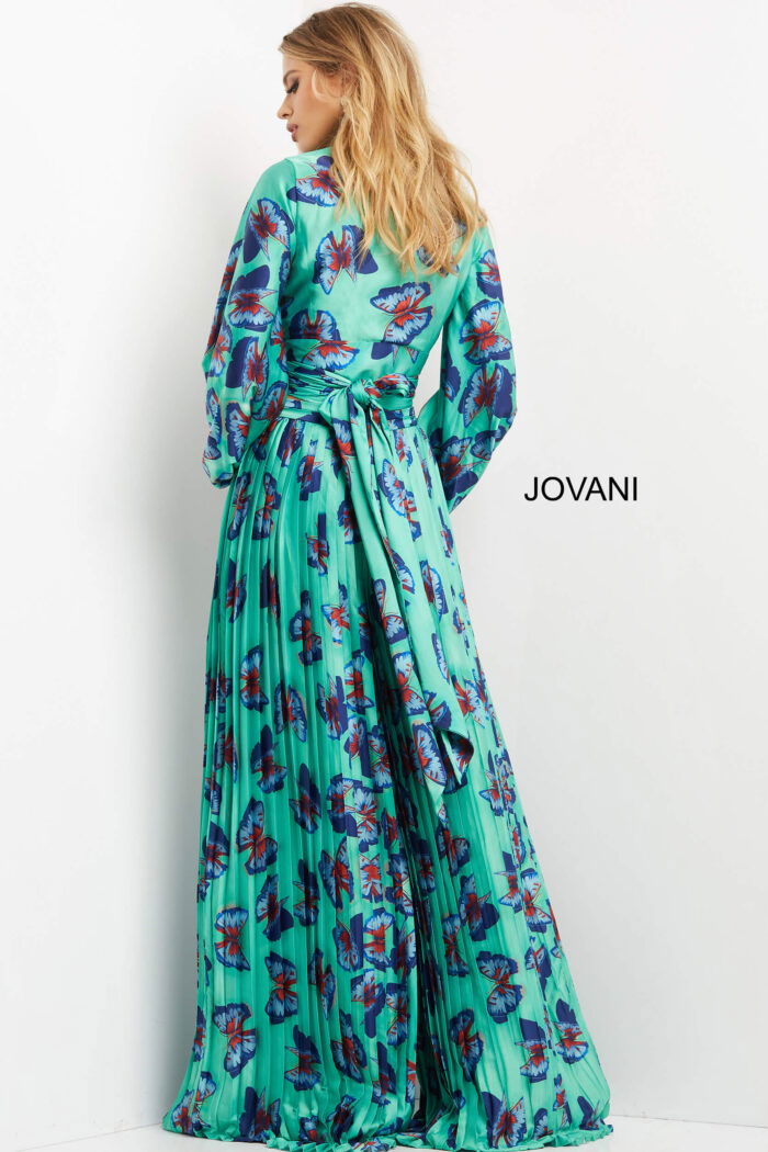 Back view of Jovani 06844 showcasing wrap tie detail and long pleated skirt.
