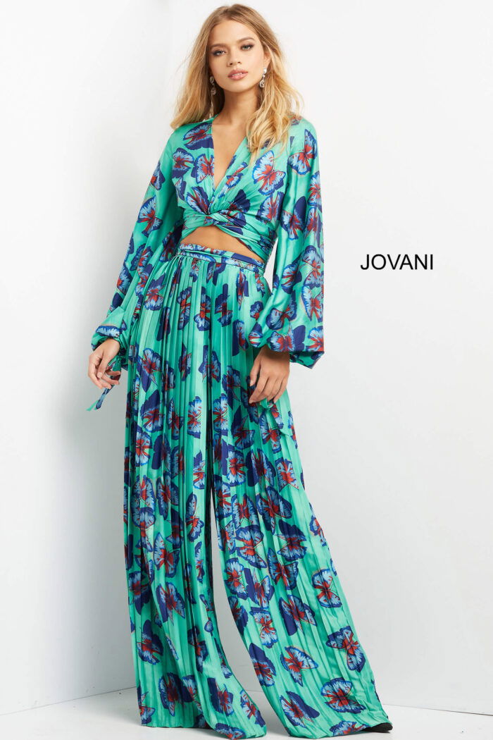 Front view of Jovani 06844 with long pleated skirt and V-neck crop top.