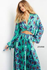 Jovani 06844 with billowing long sleeves and wrap tie back.