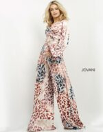 Model wearing Jovani 06846 dress full length in vibrant multi-color with V-neck.