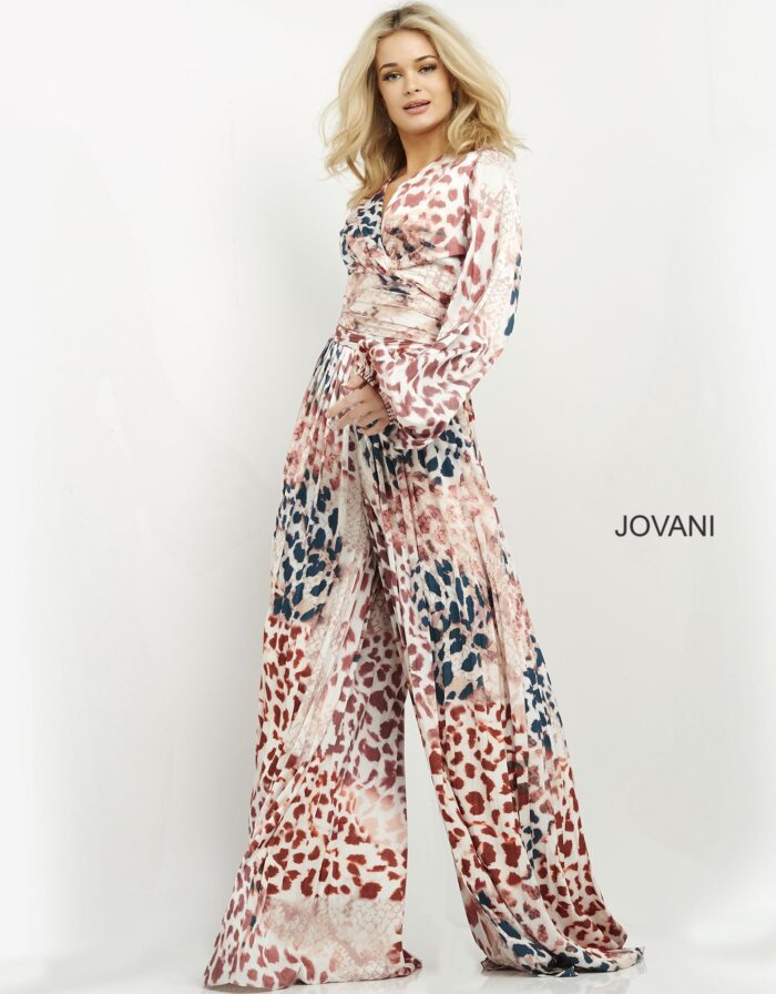 Model wearing Jovani 06846 dress full length in vibrant multi-color with V-neck.