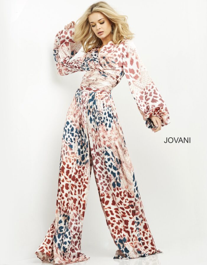 Jovani 06845 dress with a flowy skirt and wrap waist in multi-color.