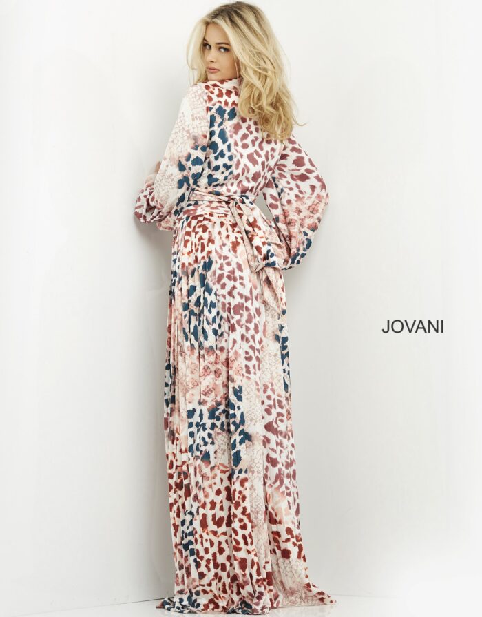 Back view of Jovani 06846 dress with tie detail in multi-color.