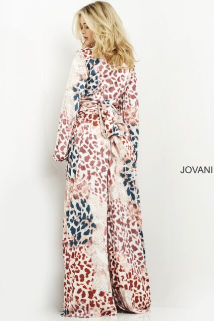 Jovani 06845 dress showing back with vibrant multicolored pattern.
