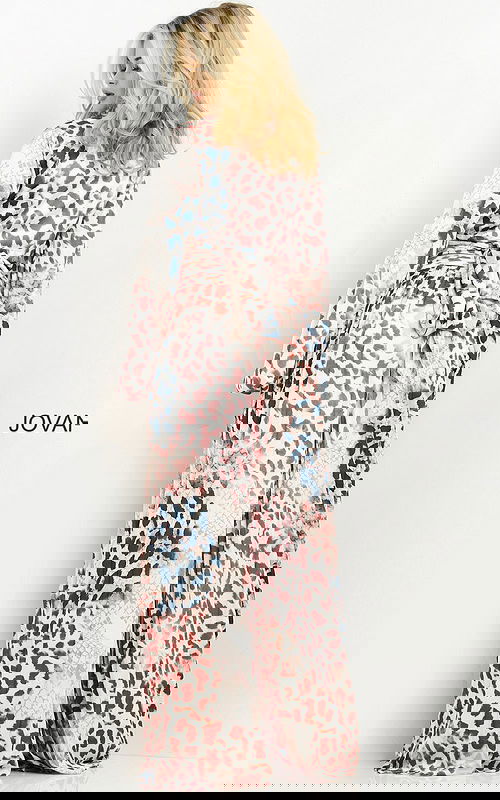 Jovani 06845 dress showing back with vibrant multicolored pattern.