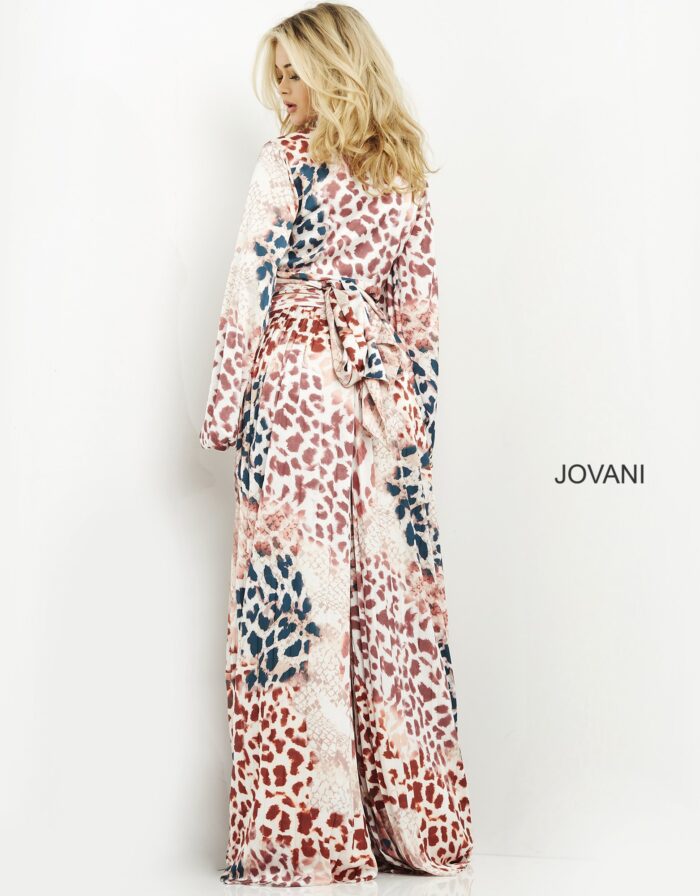 Jovani 06845 dress showing back with vibrant multicolored pattern.