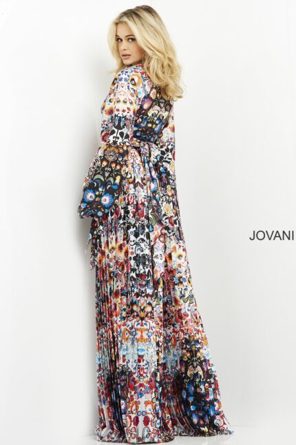 back view of model in Jovani 06847 multi-colored dress with elegant pleats