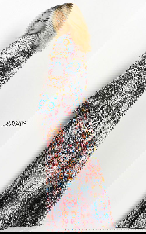 back view of model in Jovani 06847 multi-colored dress with elegant pleats