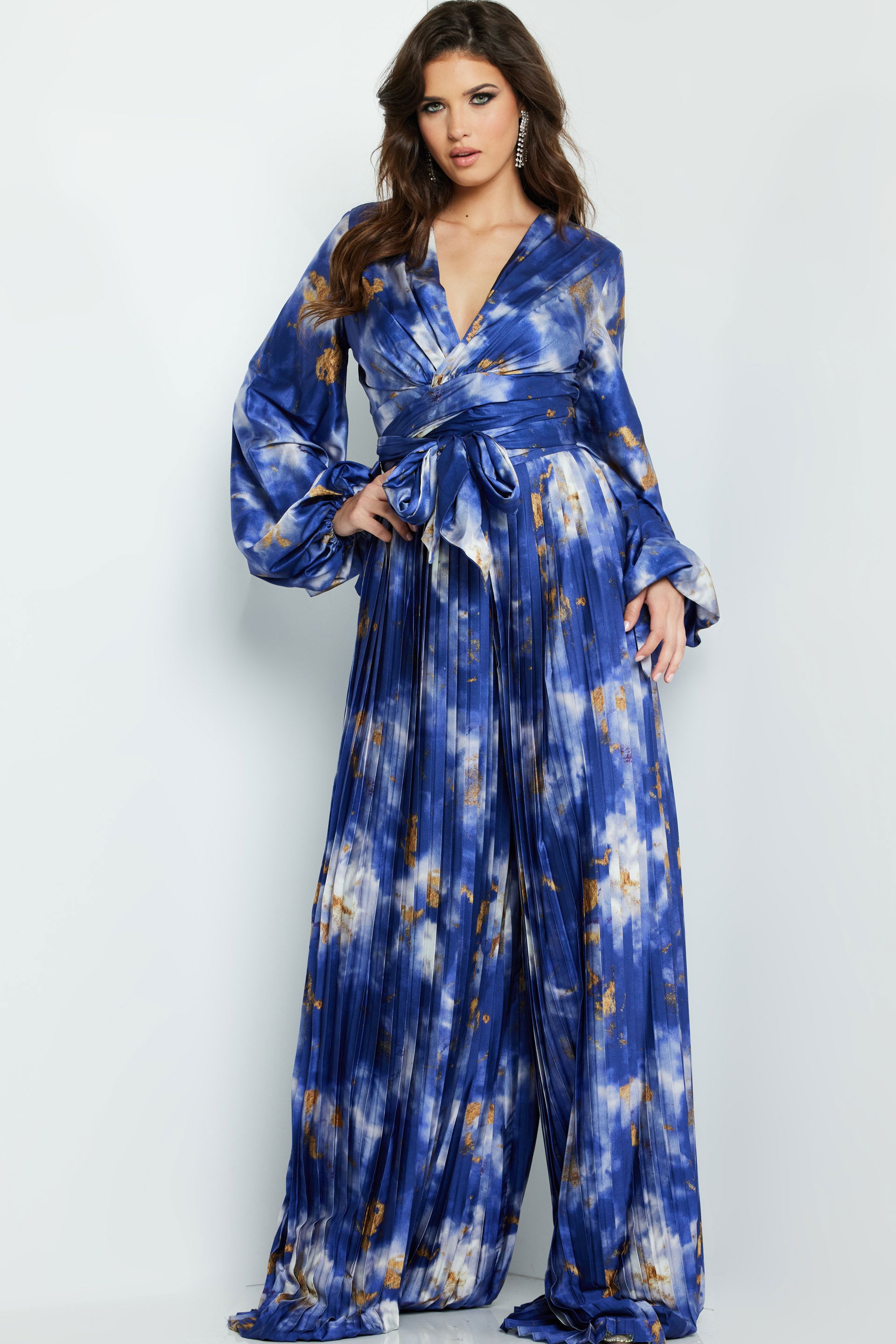 06849-06850-MULTI-201.jpg Model wearing Jovani 06849, 06850 in front view with multi-colored pattern and pleated design.