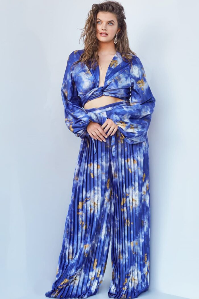 Model wearing Jovani 06849 and 06850 Print Two Piece Plus Size Contemporary Jumpsuit