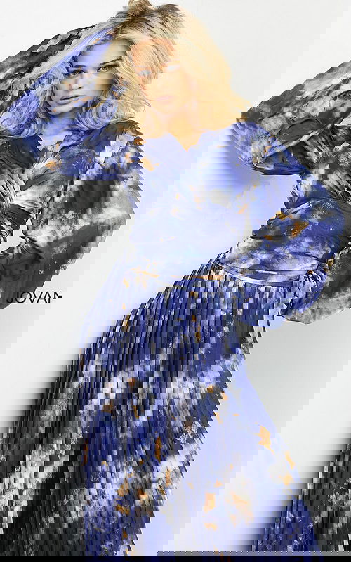 Jovani 06849 dress with V-neckline, worn by model from front view.