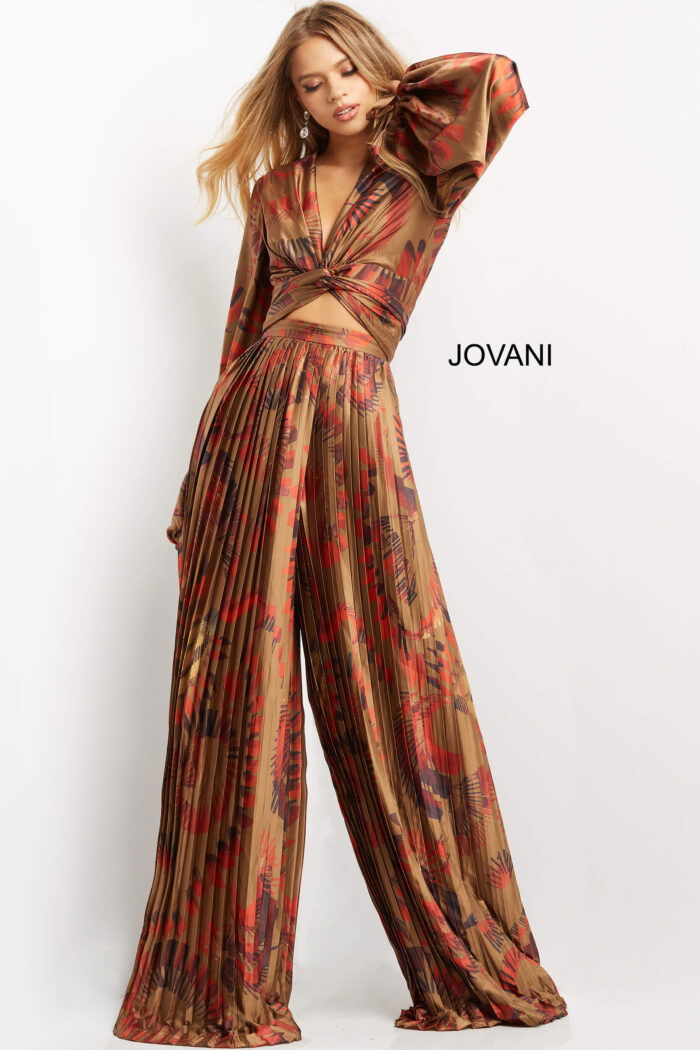 Model wearing Jovani 06851 in a multi-color dress with voluminous sleeves.