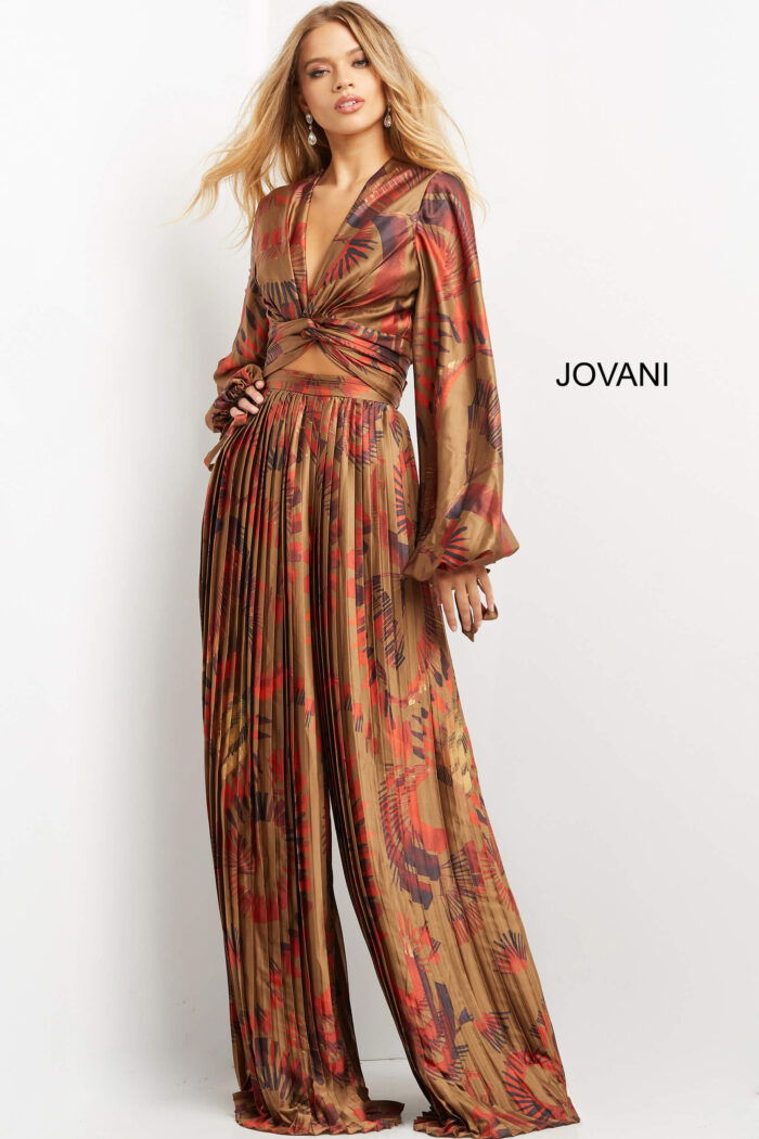 Model showcasing Jovani 06851, highlighting the twisted waist design.