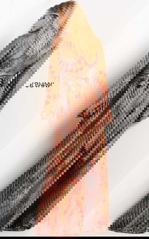 Back view of Jovani 06851 dress in a multi-color print with a flowing skirt.