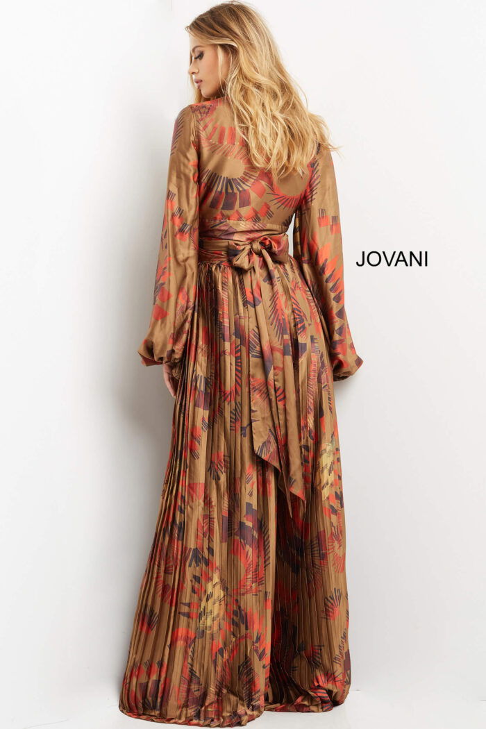 Back view of Jovani 06851 dress in a multi-color print with a flowing skirt.