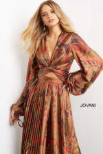 Front view of Jovani 06852 dress in a multi-color print, pleated skirt.