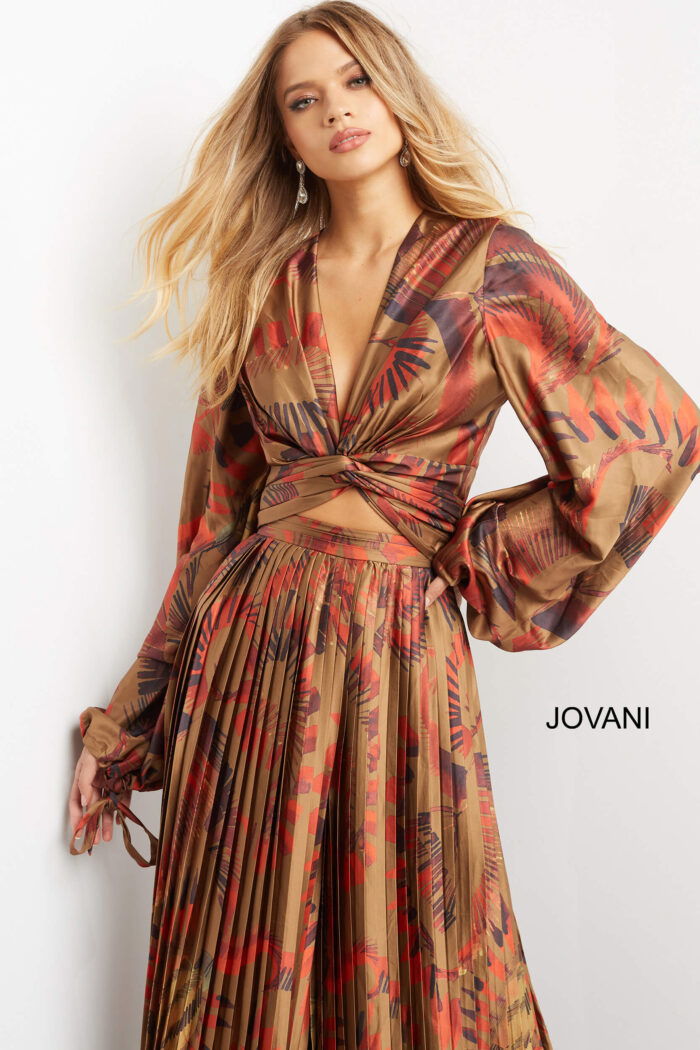 Front view of Jovani 06852 dress in a multi-color print, pleated skirt.