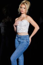 Elegant front pose of model in Jovani 06856 crop top.