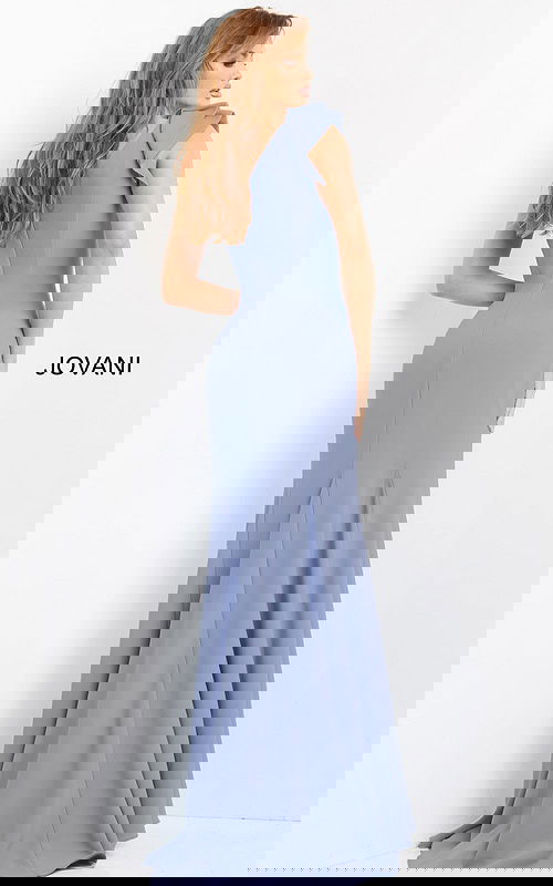 model wearing Jovani 06935 blue one-shoulder gown back view