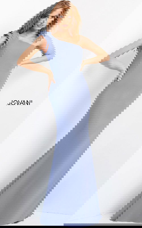 model wearing Jovani 06935 blue one-shoulder gown front view