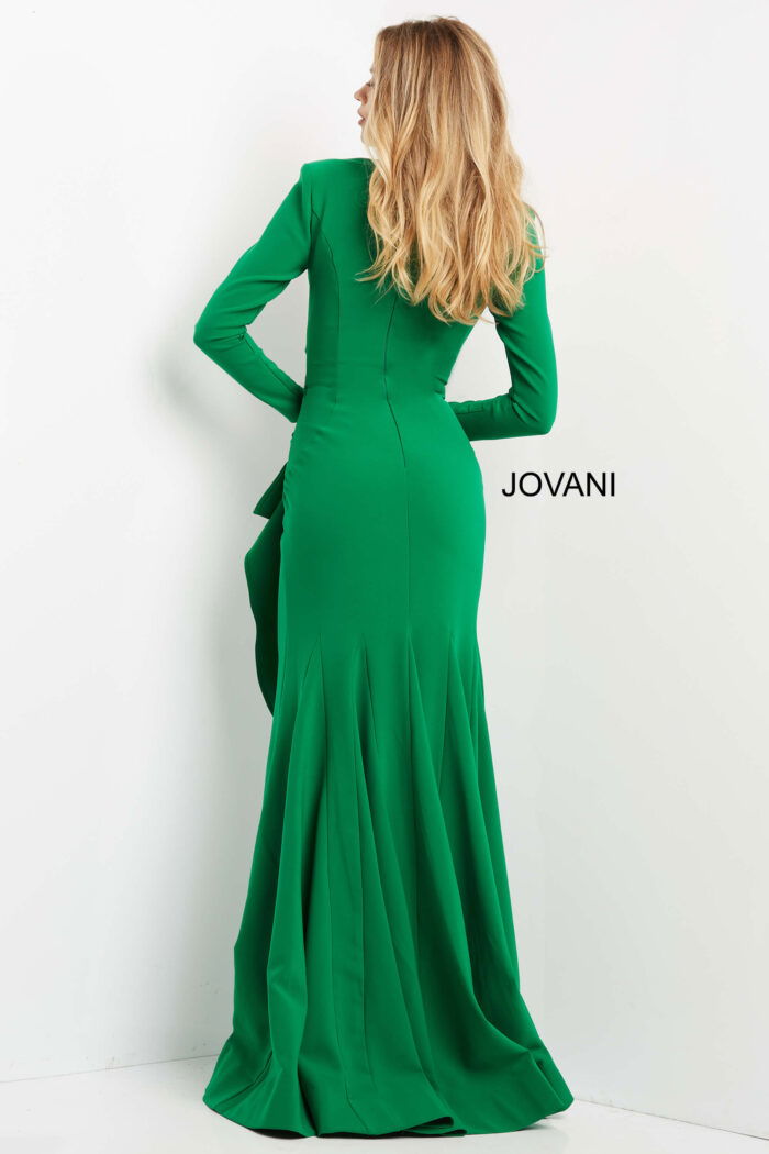 Back view of Jovani 06995 emerald dress showcasing elegant long sleeves and fit.