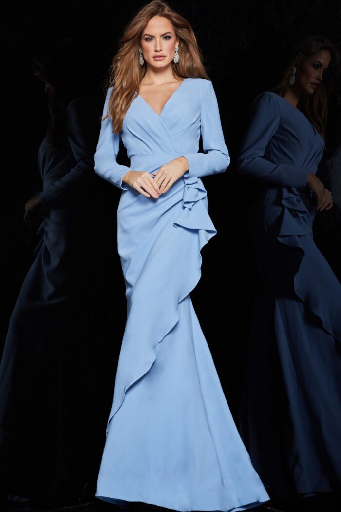 model wearing Jovani 06995 in blue front view showcasing the ruffle detail